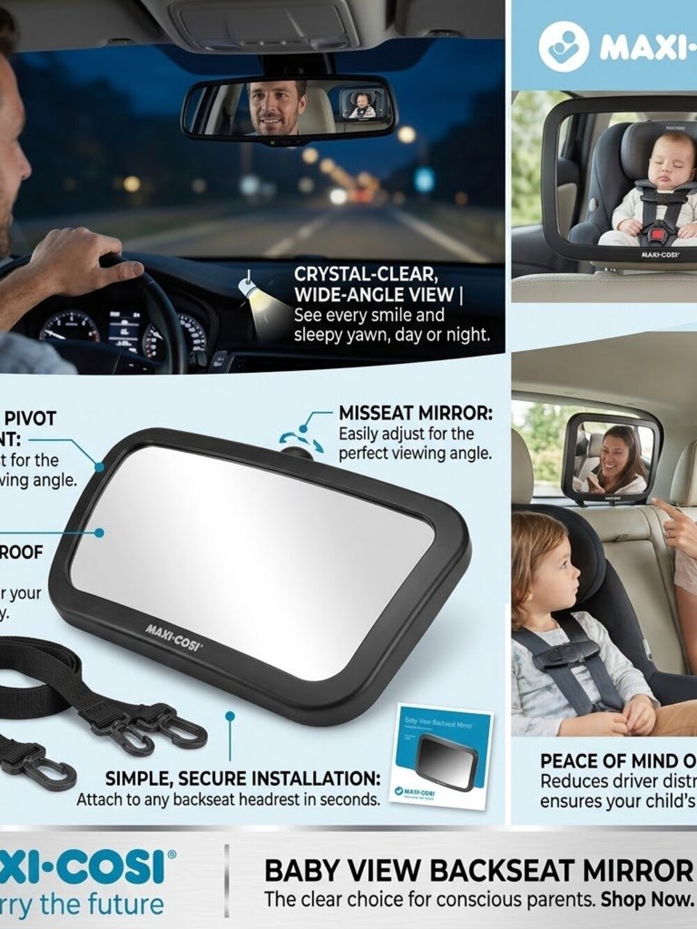 Maxi-Cosi Baby Car Mirror Black Rear Facing for Infant Toddler Car Seats